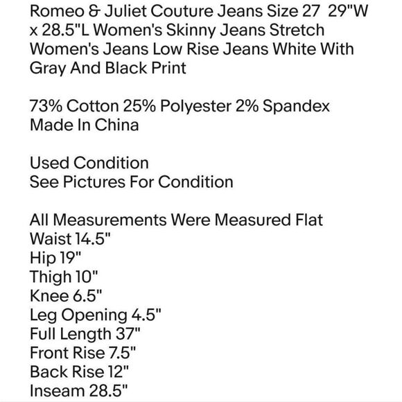 Romeo & Juliet Couture Jeans Size 27  29"W x 28.5"L Women's Skinny Jeans Stretch - Picture 6 of 6